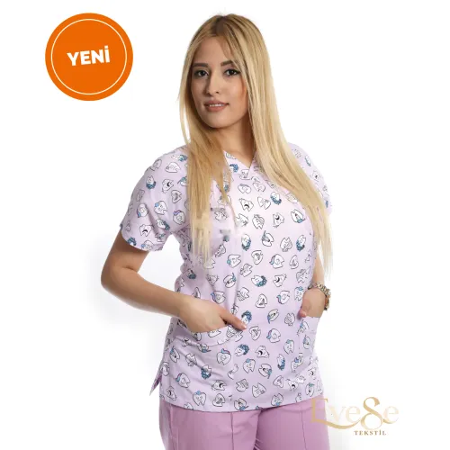 Terikoton Üst Desenli (Dişler Lila)