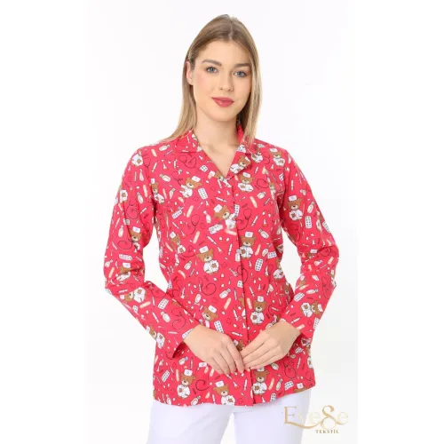 Kırmızı Ayıcık Desenli Önlük - Klasik Yaka